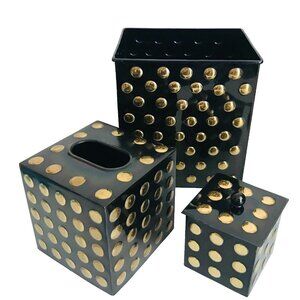 3 Piece Set Black & Gold Polka Dot Bathroom Trash Tissue Nesting Matching Metal